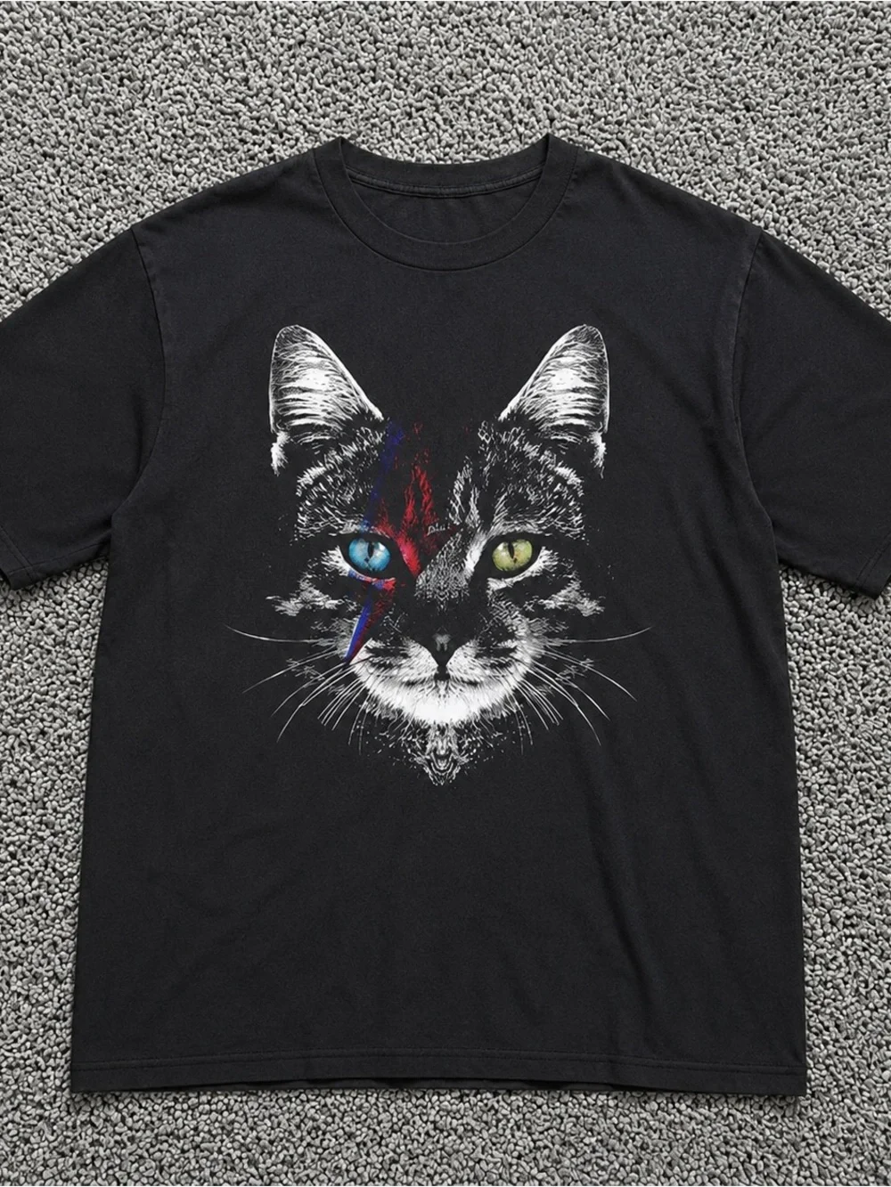Black Cat Graphic Tee with Blue & Green Eyes Y2K Size M New